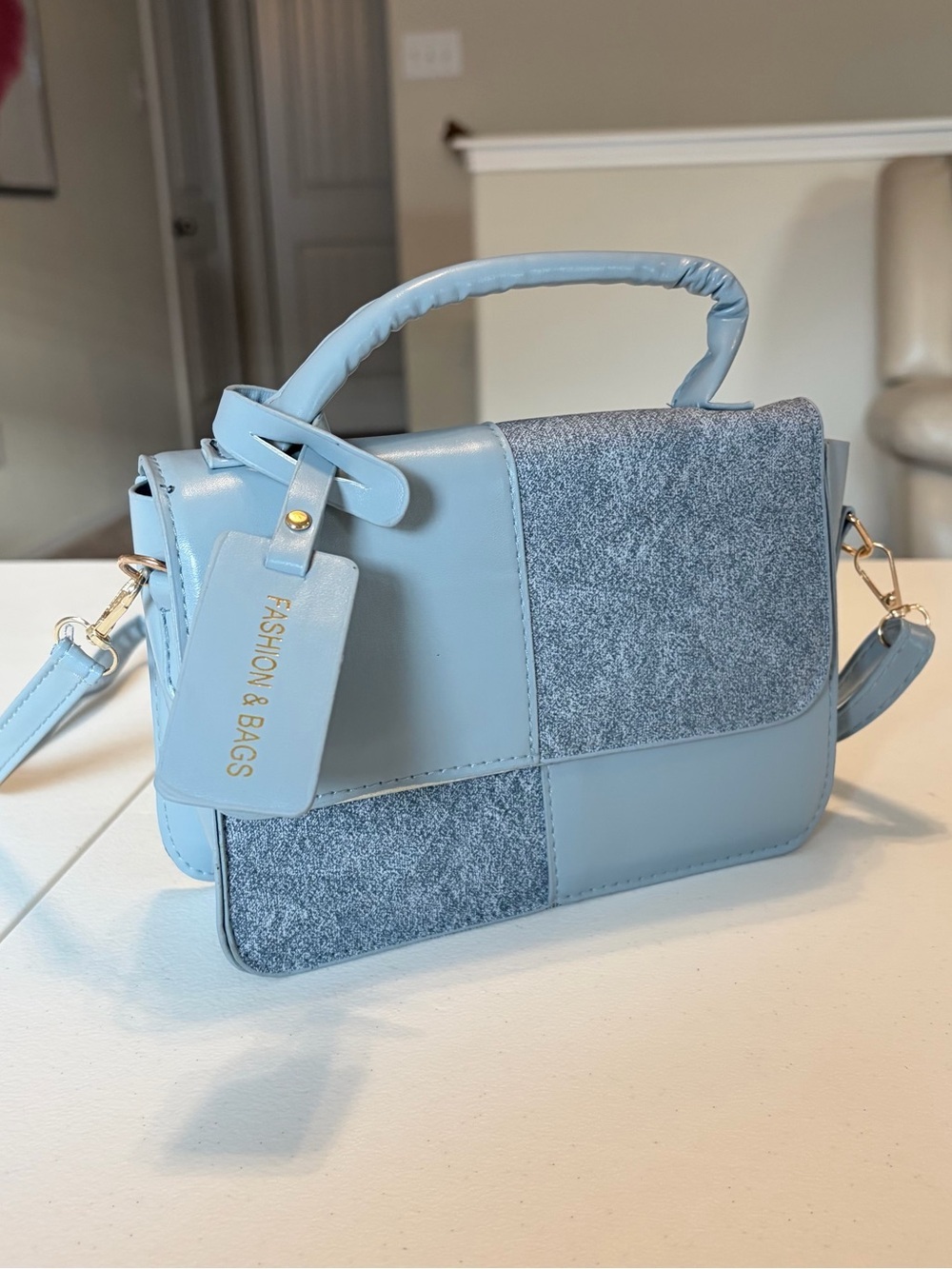 Fashion Light Blue Patchwork Satchel Top Handle Bag.